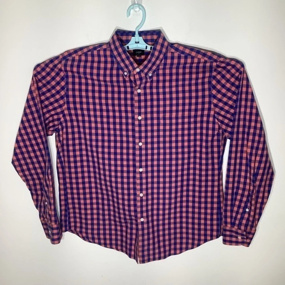 J Crew Mens‎ Long Sleeve Button Up Shirt Pink & Blue Checkered Sz Large.